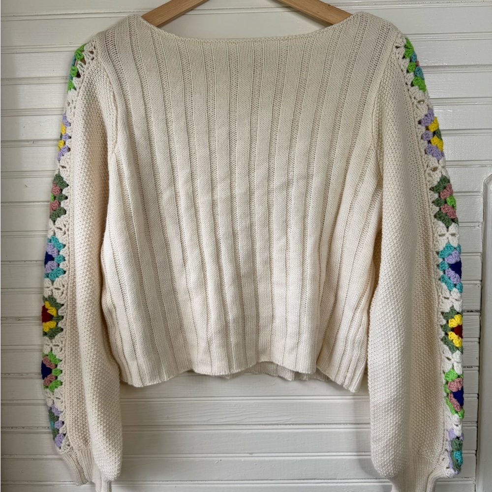 Cream Sweater with Colorful Crochet Balloon Sleeves